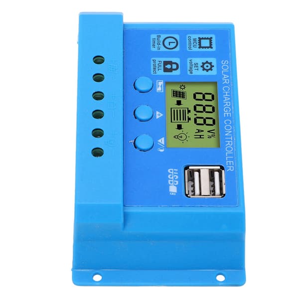 Solar Charge Controller PWM LCD-skærm Parameter Justerbar 2 USB Solar Charge Regulator Blå 12V 24V