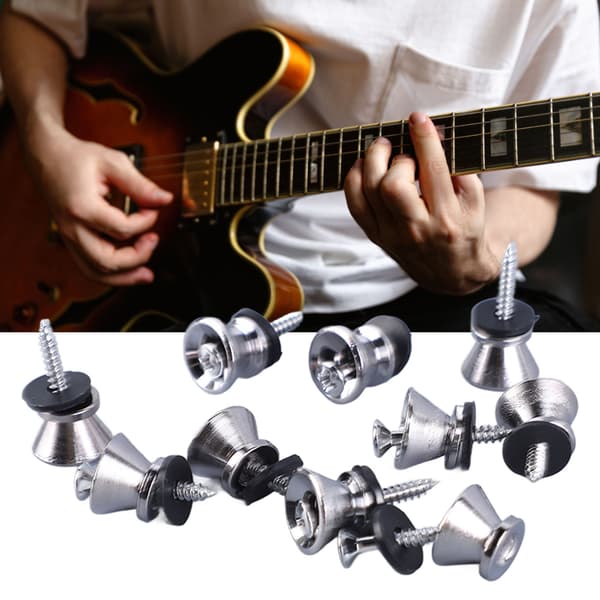 Gitarrbandshållare Knappar 10-pack, Svampstil Metalländstift med Skruvar för Elbas & Ukulele, Silver