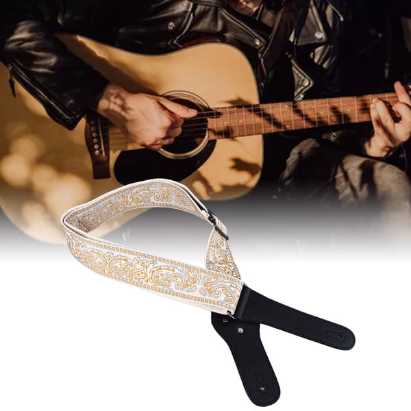 Broderad gitarrrem, extra brett justerbart axelstöd i guld för akustiska, elektriska och basgitarrer, med plektrum