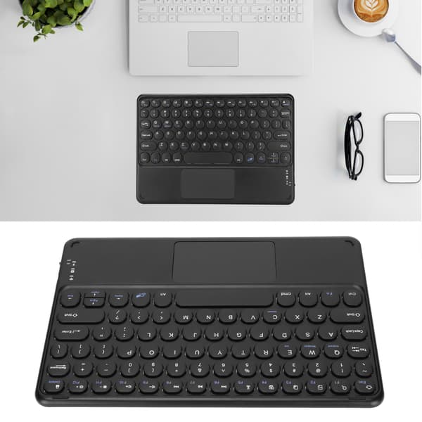 Retro 10in Trådløst Bluetooth-tastatur, Runde Tastehætter, Touchpad & Gestus, Ergonomisk Magnetisk Stand, Sort til Windows iOS