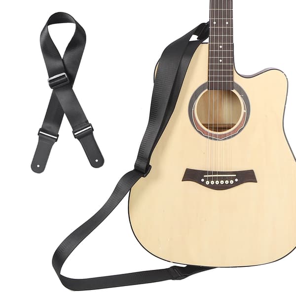 Svart längdjusterbar gitarrrem för akustisk elbas ukulele, nylonbälte, läderände i toppnarv