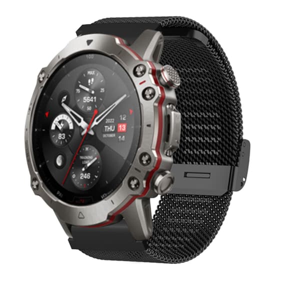 Urrem 22mm Rustfrit Stål Mesh Justerbar Erstatningsrem til Amazfit Falcon T‑REX 2 Ultra Sort