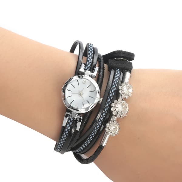 Dame Rhinestone PU-rem Rund Urskive Quartz Armbåndsur (Sort)