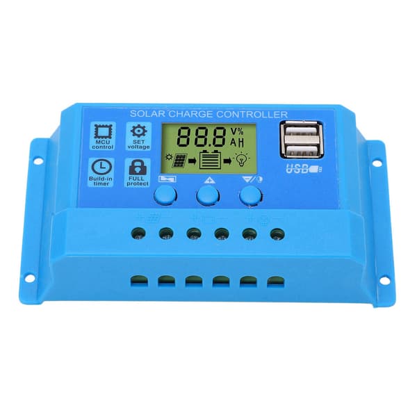 Solar Charge Controller PWM LCD-skærm Parameter Justerbar 2 USB Solar Charge Regulator Blå 12V 24V