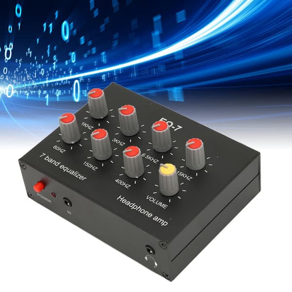 7-bånds grafisk equalizer RCA ind/ud, 12dB basforstærkning, 2-kanals stereo lydprocessor