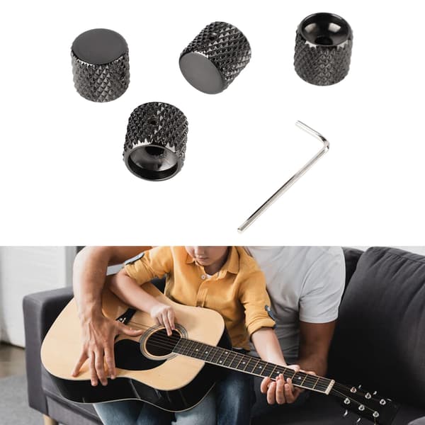 4st svarta metallgitarrattar, rundad topp, volymtonkontroll, cylinderform med skiftnyckel, gitarrhårdvarukit
