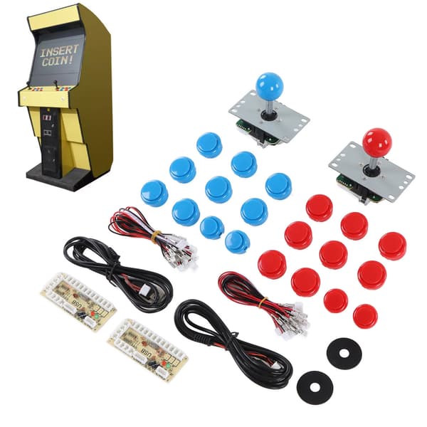 Gør-det-selv Arkadesæt til 2 Spillere - USB Encoder Board med Joystick & Knapsæt, Blå/Rød, Ideel til Venners Spilaftener