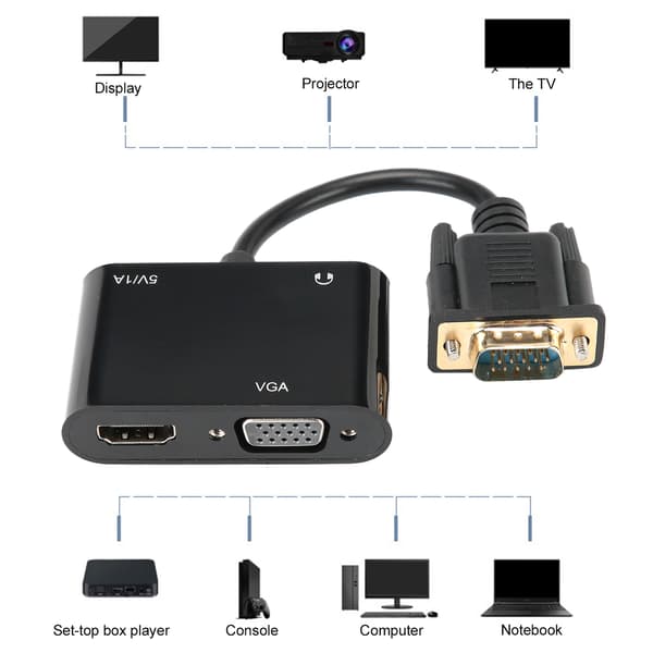VGA til HDMI-adapter 3-i-1-konverter med lyd til bærbar computer, pc, tv og projektorvisning - sort