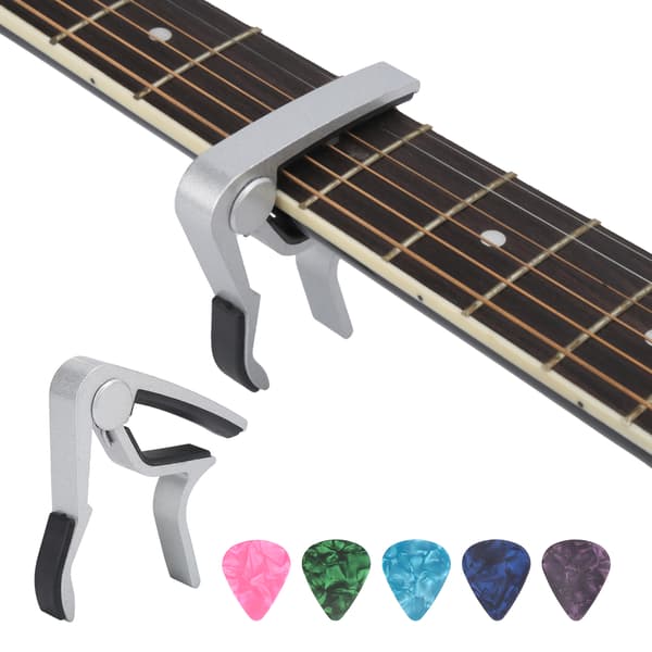 1x Silver Zinklegering Gitarr Capo & 5x Celluloid Plektrum Stränginstrument Reparationstillbehör