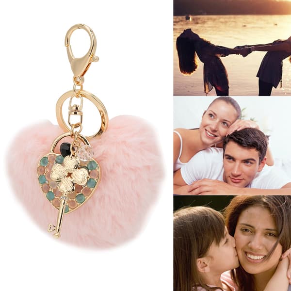 Fluffig Hjärtnyckelring Rosa Pälskula Ring Väskberlock Dekorativ Present