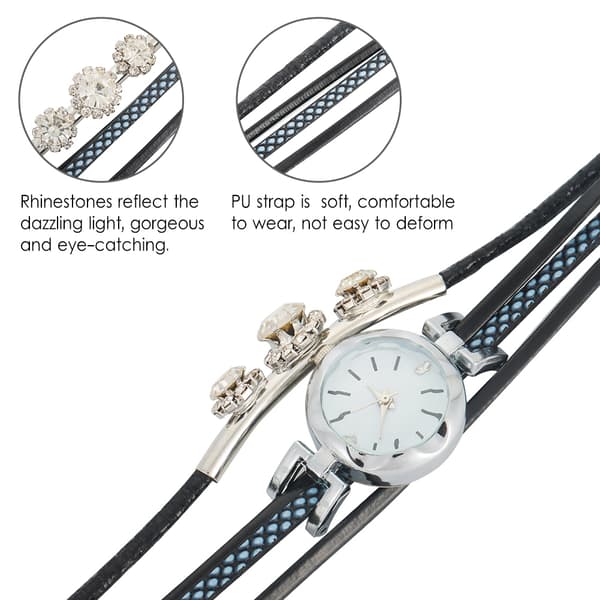 Dame Rhinestone PU-rem Rund Urskive Quartz Armbåndsur (Sort)