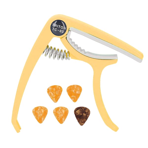 Elektrisk gitarr Capo ABS Quick Release Ukulele Gitarr Capo Set med 5st Gitarrplektrum för Mandolin Banjo Gul
