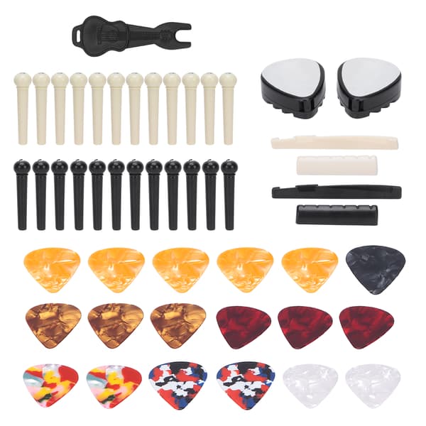 Gitarrtillbehörspaket med stallstift, celluloidplektrum, sadlar och översadlar, stiftutdragare för utbyte