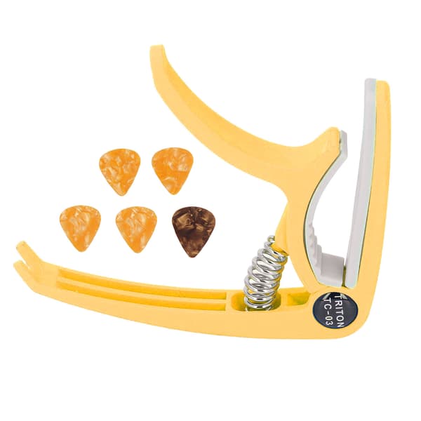 Elektrisk gitarr Capo ABS Quick Release Ukulele Gitarr Capo Set med 5st Gitarrplektrum för Mandolin Banjo Gul