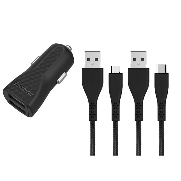 Energizer HardCase - Autolaturi 2x USB-A 2.4A + USB-C & Micro USB -kaapeli (musta)