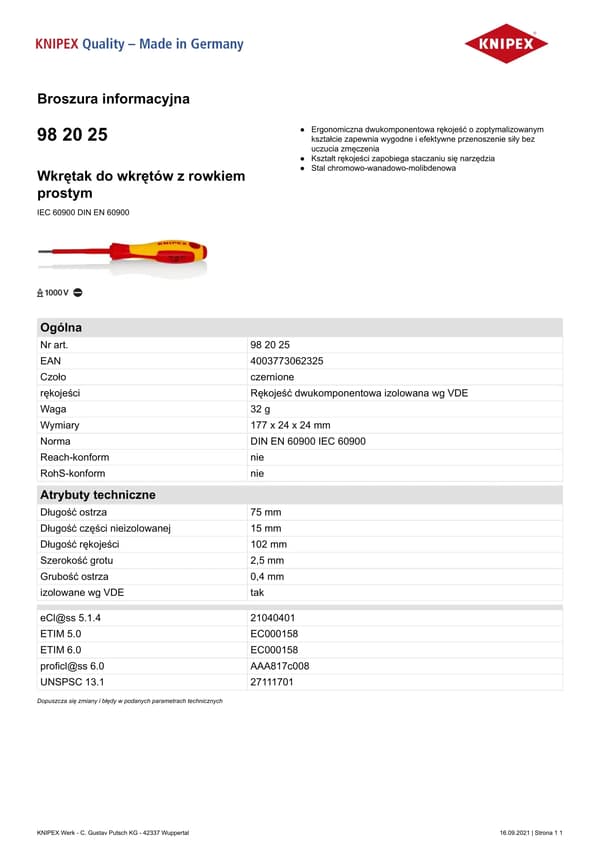 Sähköasentajan ruuvimeisseli Knipex 982025