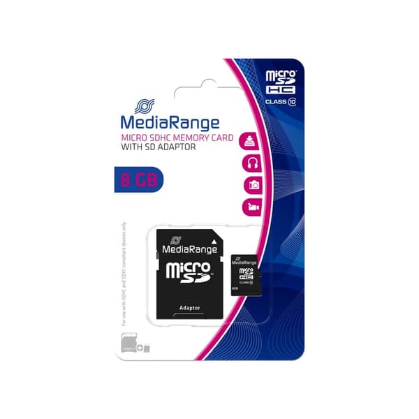 MicroSDHC-minneskort MediaRange MR957 8GB Klass 10+ SD-adapter