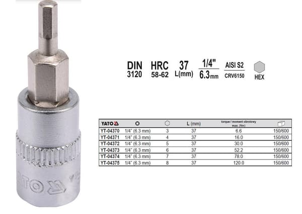 Skaft sekskant 1/4\" 7MM L37MM