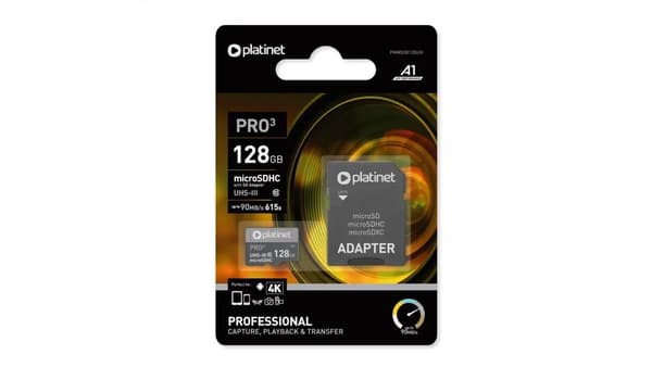 PLATINET MICROSDXC SECURE DIGITAL + SD-SOVITIN 128GB luokka10 U3 A1 90MB/s [42910]