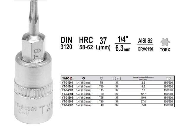 TORX DORN NØGLE 1/4\" T25 L37MM