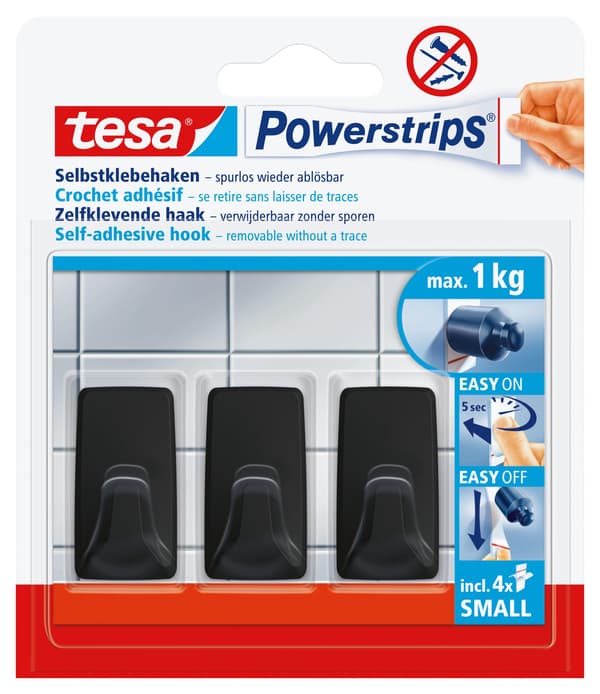 Itsekiinnittyvät koukut.powerstrips 3 kpl.suorakulmainen.pieni, musta