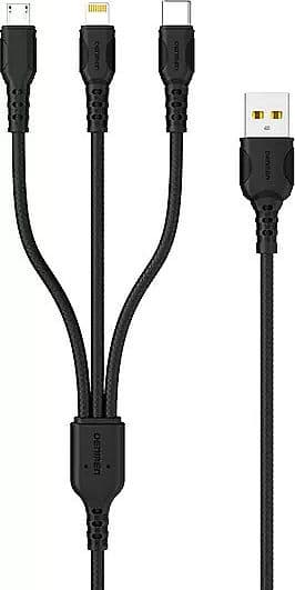 Kabel USB Denmen USB-A - USB-C + MicroUSB + Lightning 1 m Sort (29360)