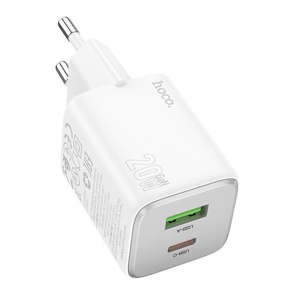 HOCO USB A + Typ C PD QC 3A 20W N41 vit väggladdare