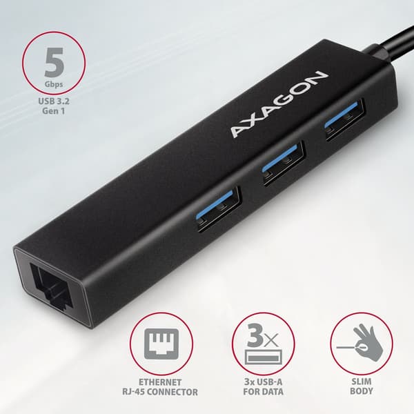 Axagon USB HUB 1x RJ-45 + 3x USB-A 3.2 Gen1 (HMC-GL3A)