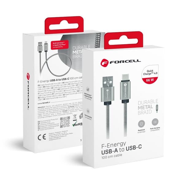 FORCELL USB till Typ C 2.0 2,4A Metallkabel C234 1m silver
