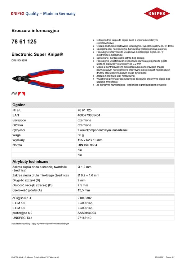 KNIPEX Electronic Super Knips, tummennettu, 125 mm