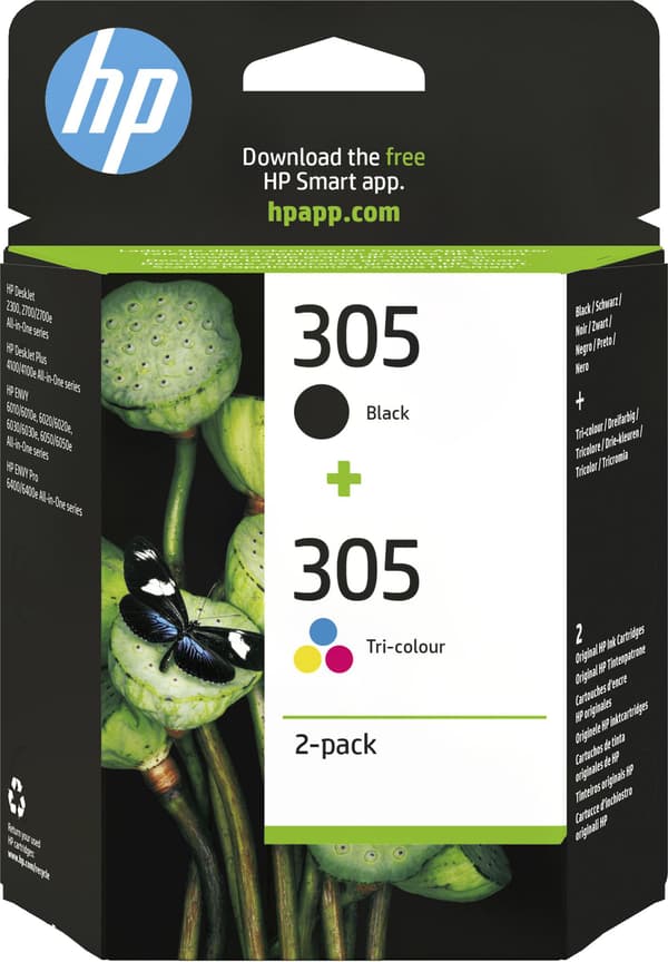HP blækpatron 305 - 2-pak - sort, farve (cyan, magenta, gul)