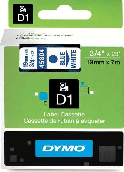 Dymo TASMA DYMO D1 TIL PRINTERE BLÅ TEKST PÅ HVID BAGGRUND 19 MM X 7 M