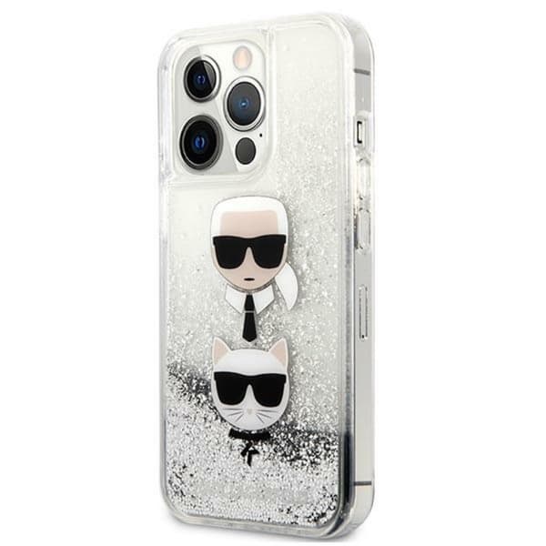 Karl Lagerfeld Liquid Glitter Karl&Choupette Head Cover til iPhone 13 Pro Max - Sølv