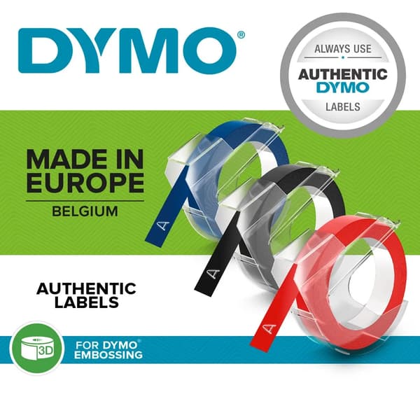 3x1 Dymo prægemærkater multipakke 9 mm (rød/blå/sort)