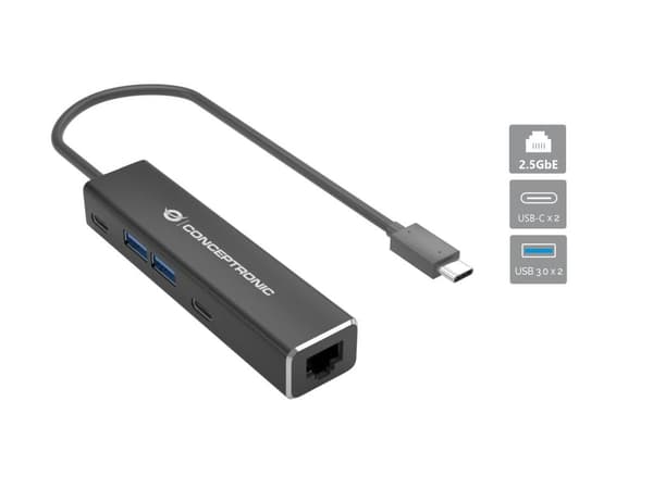 CONCEPTRONIC Adapter USB-C -> 2.5GbE 2xUSB-C USB-A 0.15m svart