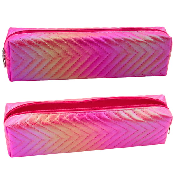 Pencil Case til piger, metallisk skinnende sildebensmønster, pink