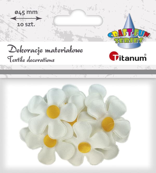 Tygets dekorationsblommor 45mm vit-gul 10st