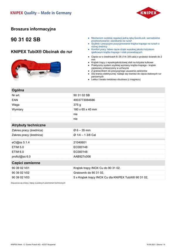 KNIPEX TubiX Putkileikkuri