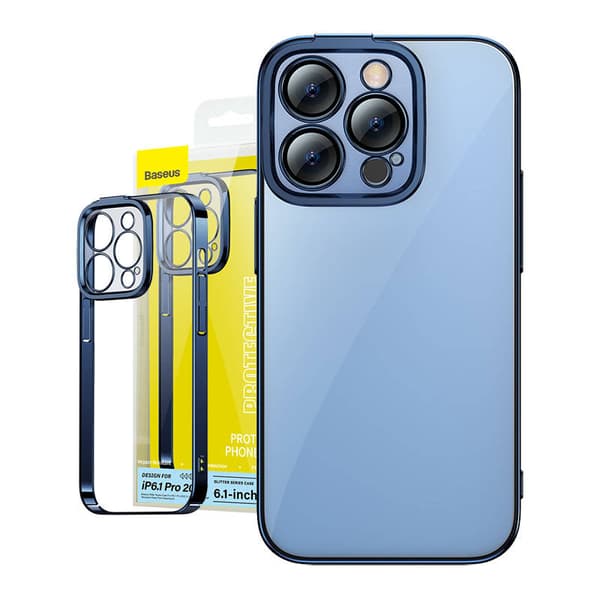 Baseus Glitter Transparent etui og hærdet glas sæt til iPhone 14 Pro (blå)