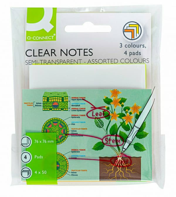 Sticky notes Q-CONNECT, gennemsigtige, 76x76mm, 4x50k., mix af farver
