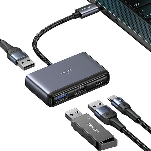 USAMS Adapter HUB 4in1 2xUSB 2.0/USB 3.0/ USB-C grå/mörkgrå SJ627HUB01 (US-SJ627)
