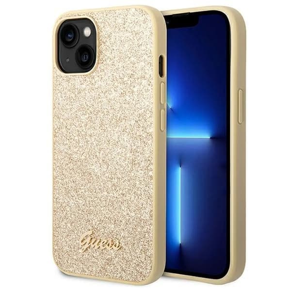 Original GUESS Hardcase GUHCP14SHGGSHD för iPhone 14 (Glitter Flakes Script Metal Logo / guld)
