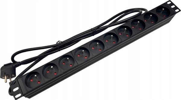 Strømskinne 19\" 230V - 10 stik (E-type - CEE 7/5), kabel 1,8m CEE 7/7 ALANTEC