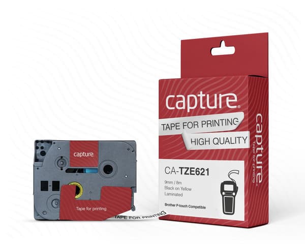 Capture 9mm x 8m sort på gul tape
