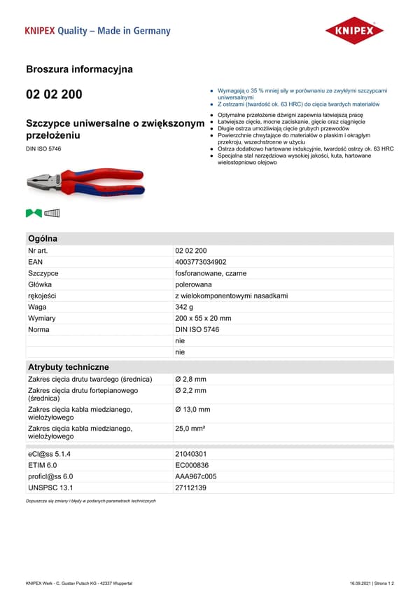 KNIPEX Voimayhdistelmäpihdit, atramentoidut, kiillotetut, 200 mm