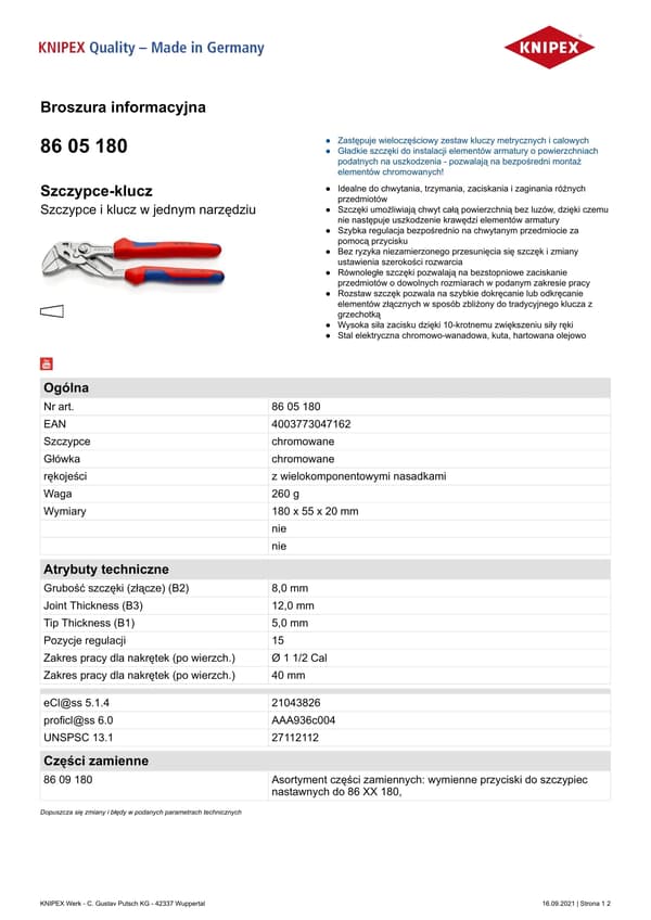 KNIPEX Tångnyckel krom 180 mm