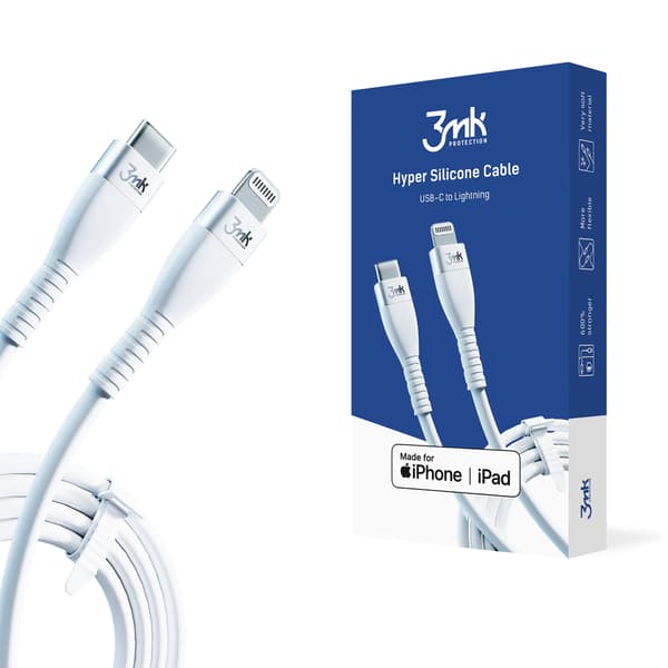 3MK HyperSilicone MFI USB-C / Lightning-kabel vit 1m 20W 3A