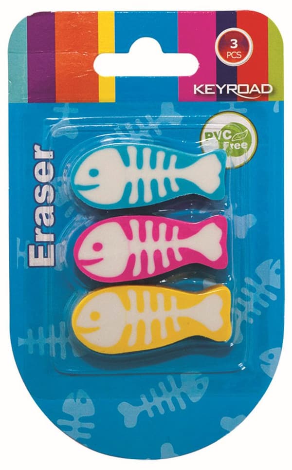 Keyroad Universal Eraser Keyroad Fish, 3 kpl, läpipainopakkaus, lajitelmavärit