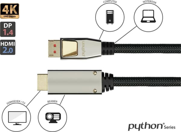 Kabel PYTHON Python DisplayPort 1.4 til HDMI 2.0 Kabel Nylon. sort 3m
