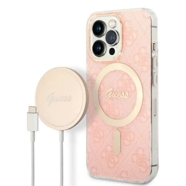 Original GUESS GUBPP13LH4EACSP-set för iPhone 13 Pro (Bundle Pack Magsafe: Fodral + Laddare / 4G / Guld - Rosa)